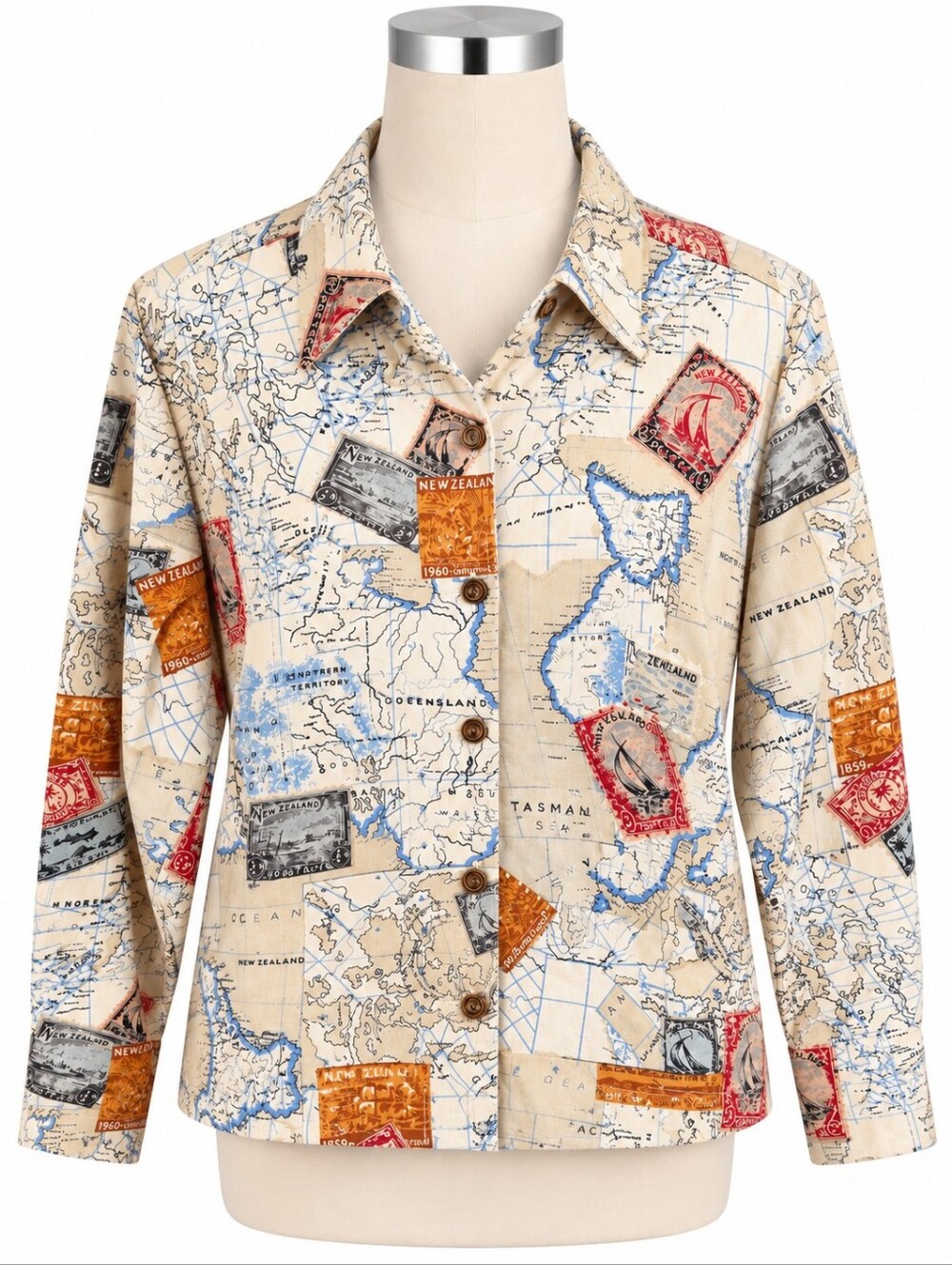 VTG Take Two New Zealand Map Stamp Print Jacket Blazer Size L NWT Wearable Art